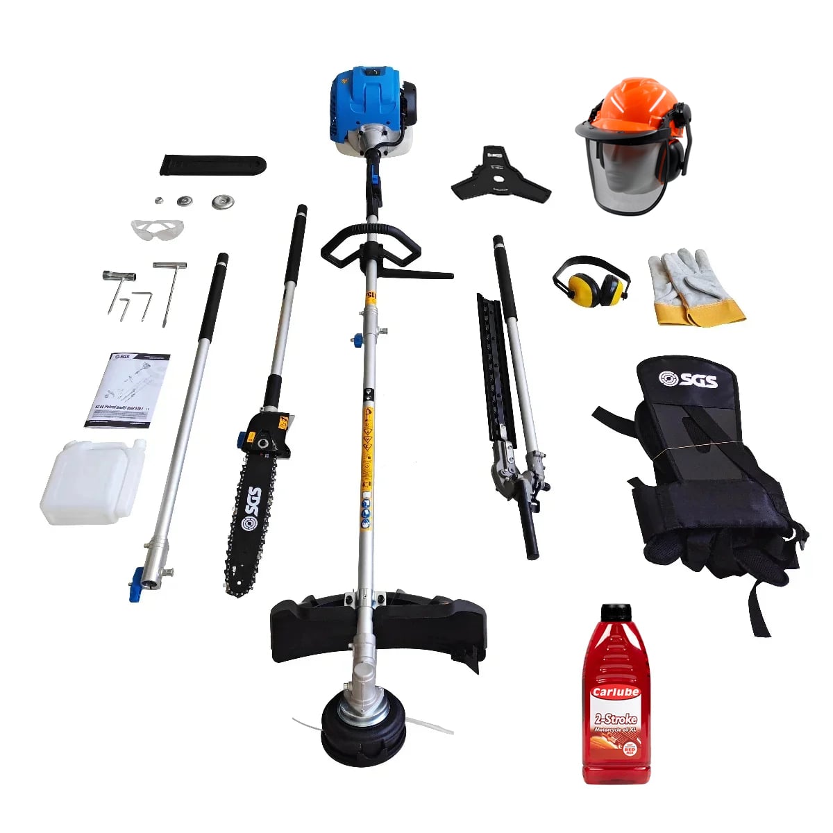 SGS 52cc 5in1 Multi Tool Garden Set: Chainsaw Trimmer Strimmer & Brush Cutter, Protective Wear, with 2-Stroke Oil 1L